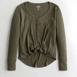 Hollister Moss Green Waffle Knit Thermal Tie Front Long Sleeve T-Shirt XS